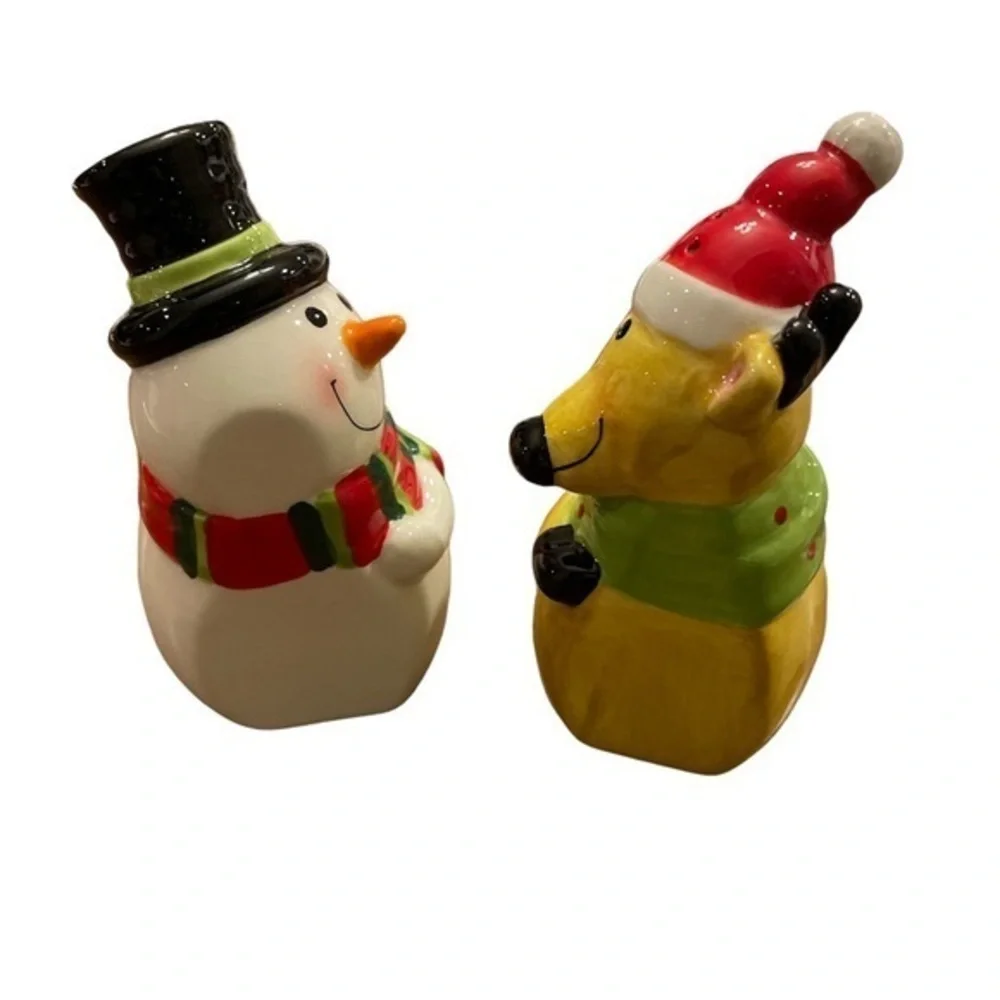 Ganz Holiday Christmas Ceramic Salt and‎ Pepper Shaker Set NWT Snowman Reindeer